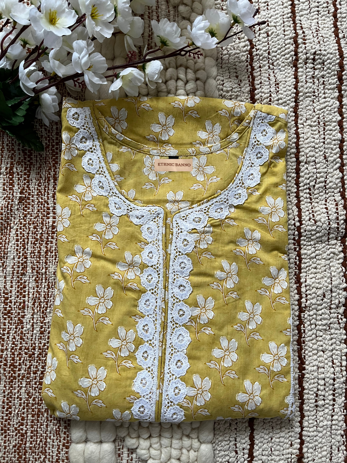 Yellow Floral Suit Set With Kota Dupatta