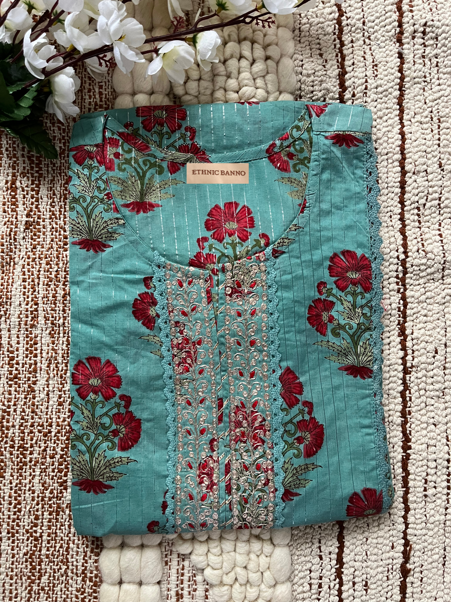 Teal Floral Cotton Suit Set