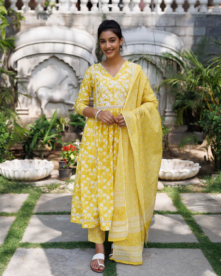 Yellow V-Neck Gather Style Kurti Set