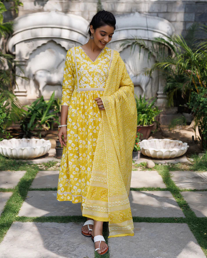 Yellow V-Neck Gather Style Kurti Set