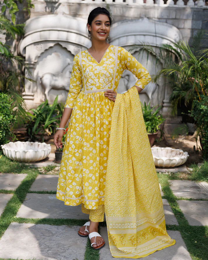 Yellow V-Neck Gather Style Kurti Set