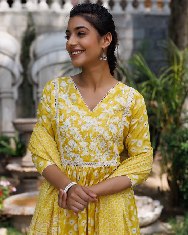 Yellow V-Neck Gather Style Kurti Set