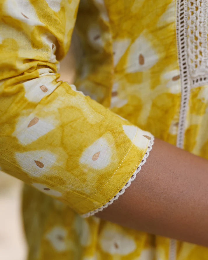 Yellow V-Neck Gather Style Kurti Set