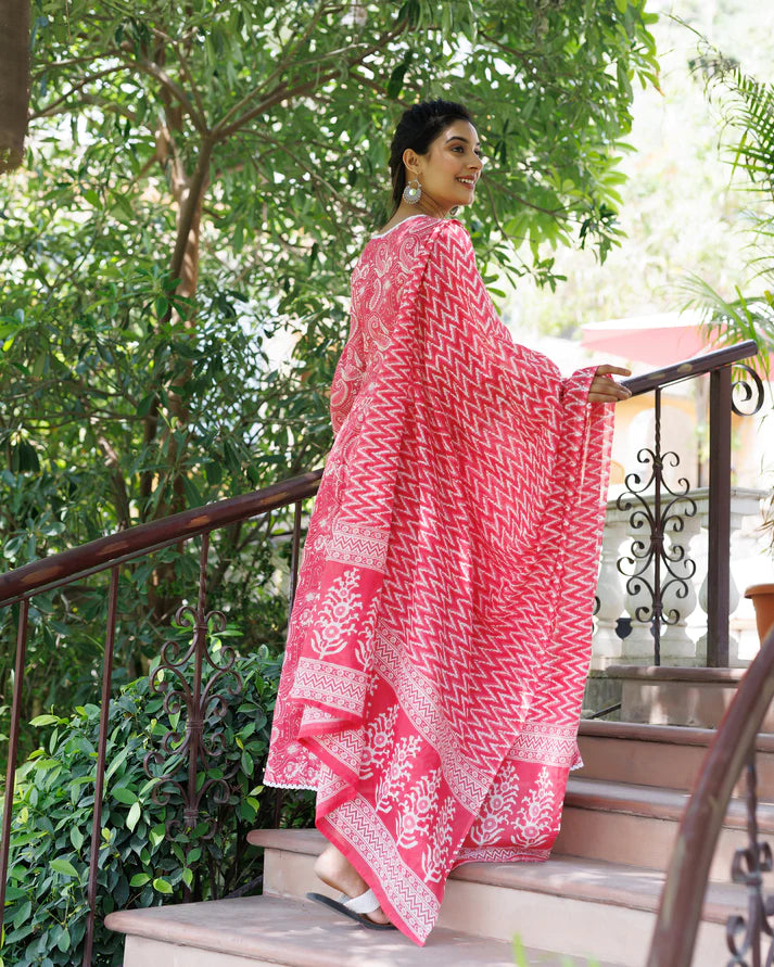 Pink V-Neck Pattern Anarkali Kurti Set