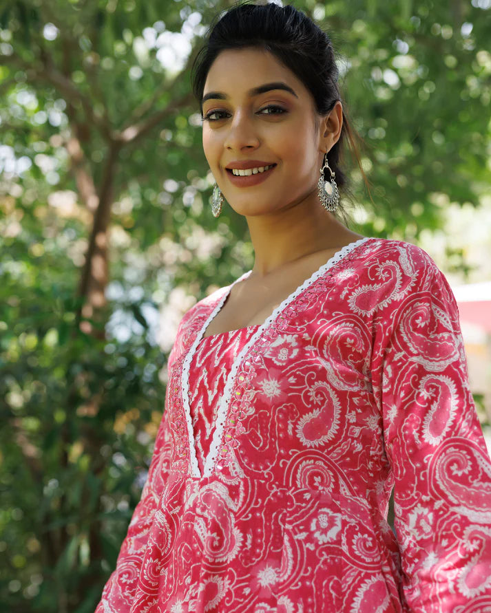Pink V-Neck Pattern Anarkali Kurti Set