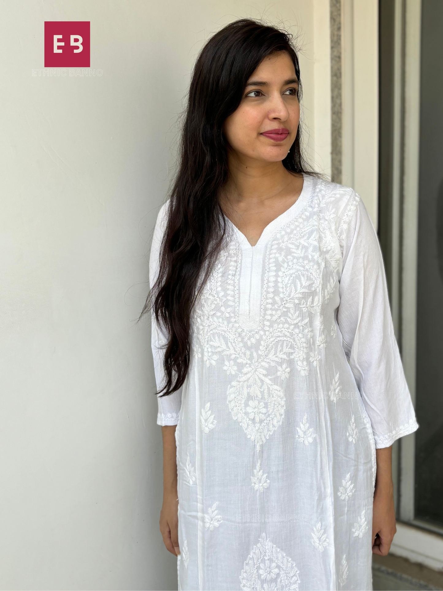 White Chikankari Rayon Long Kurti