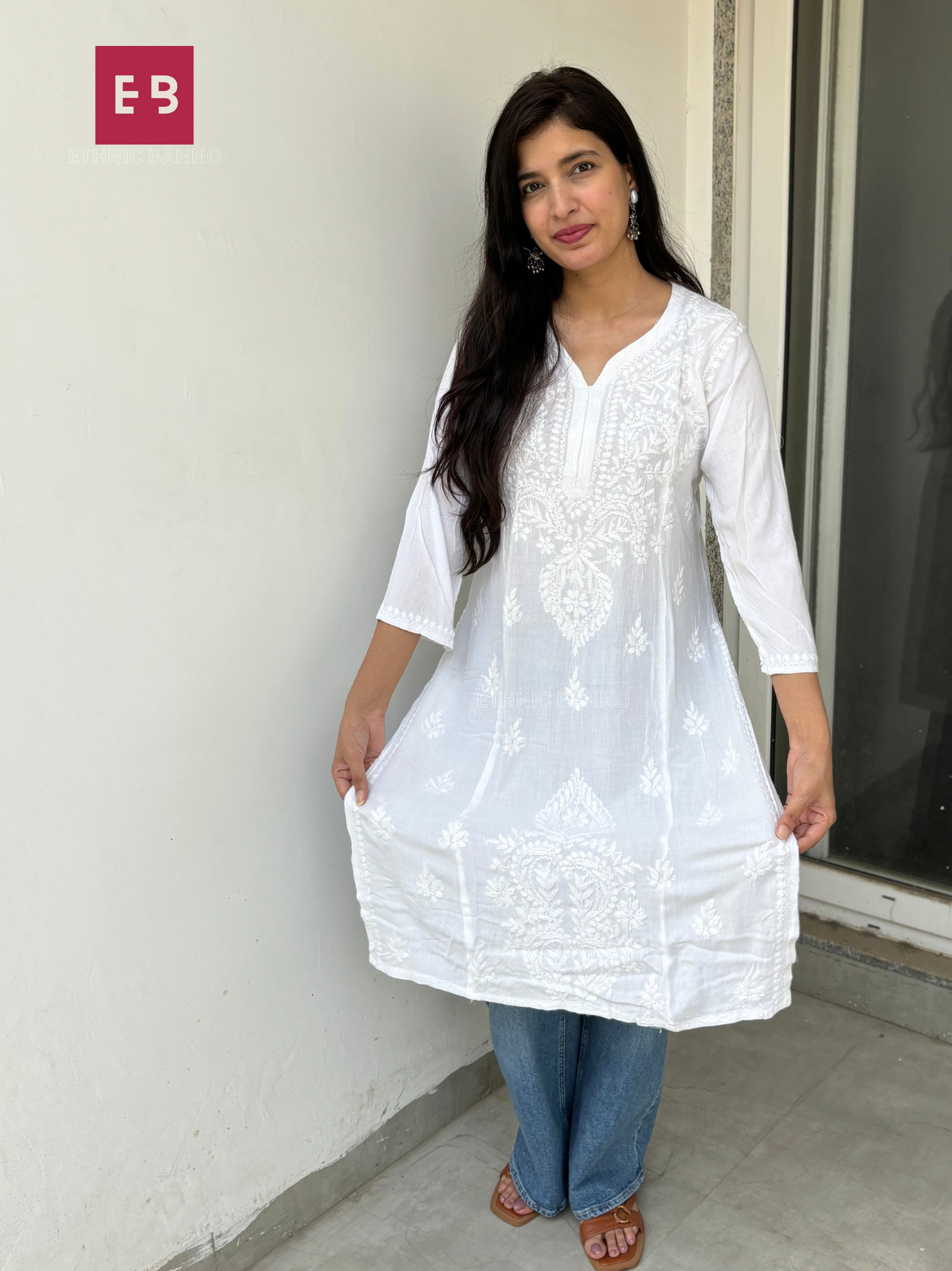 White Chikankari Rayon Long Kurti