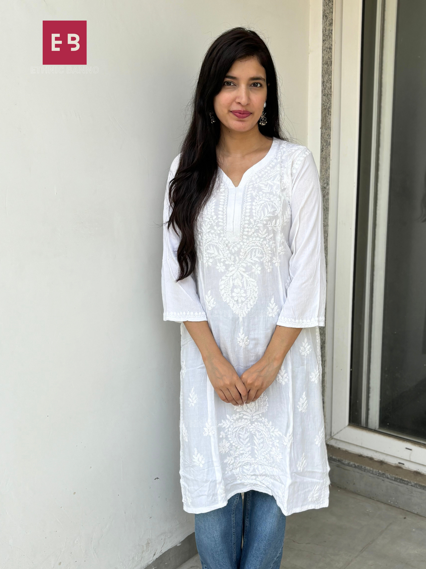White Chikankari Rayon Long Kurti