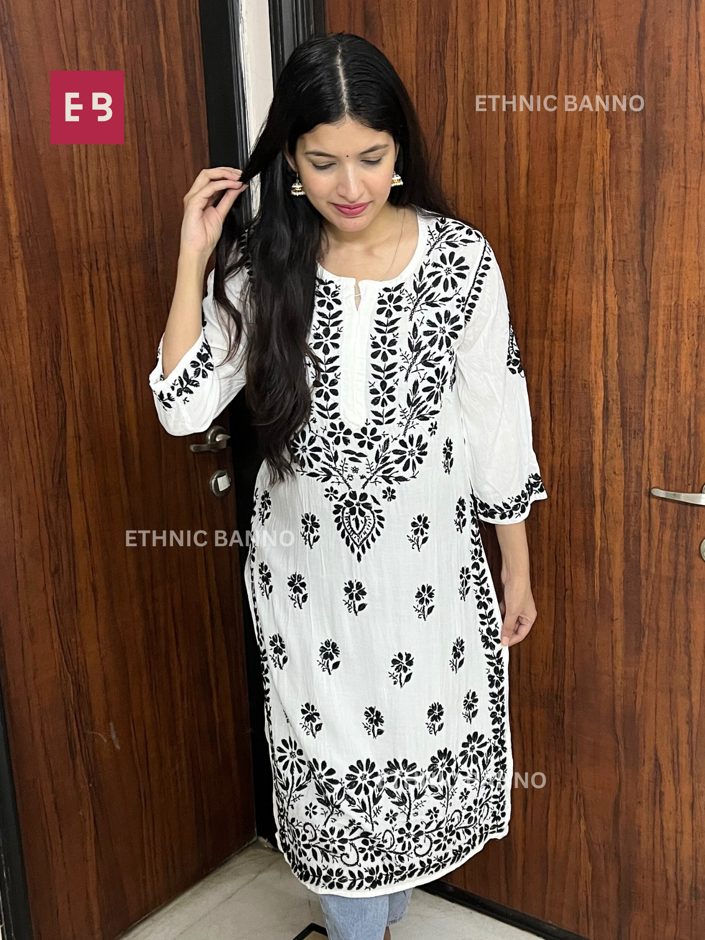 White Floral Chikankari Modal Long Kurta