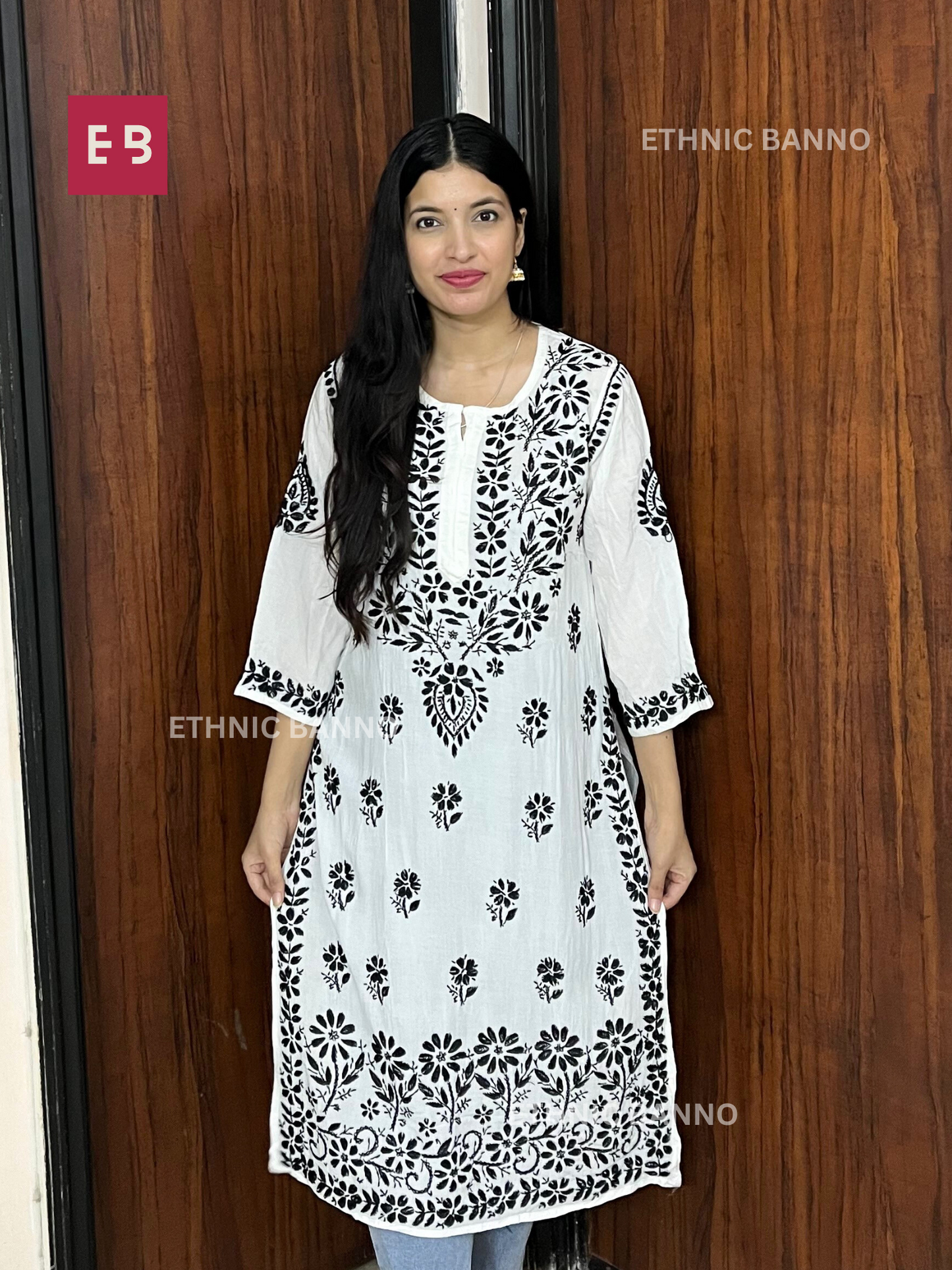 White Floral Chikankari Modal Long Kurta