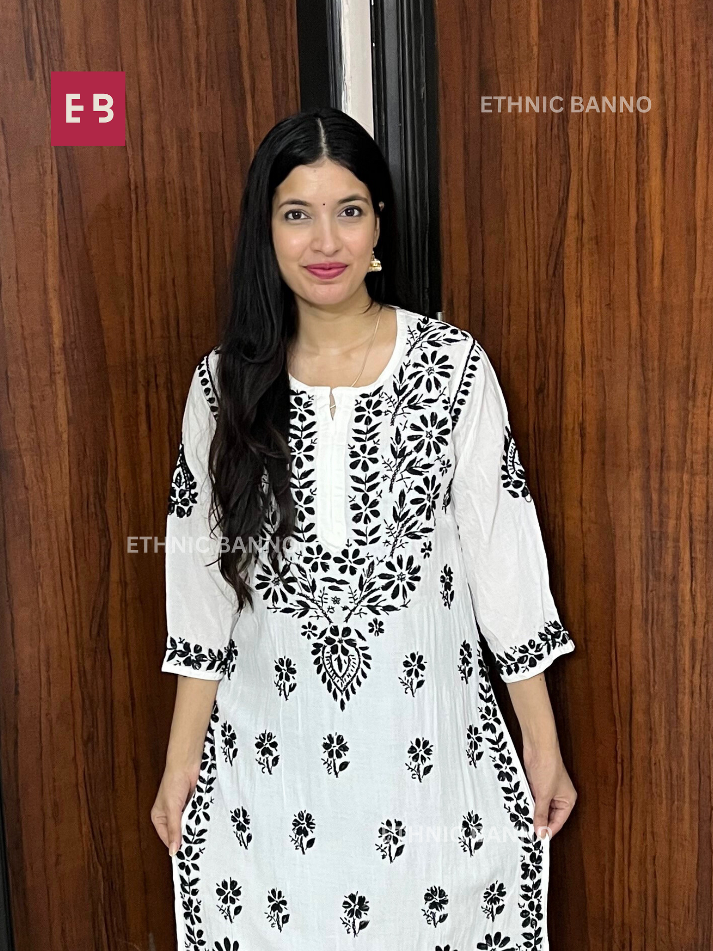 White Floral Chikankari Modal Long Kurta