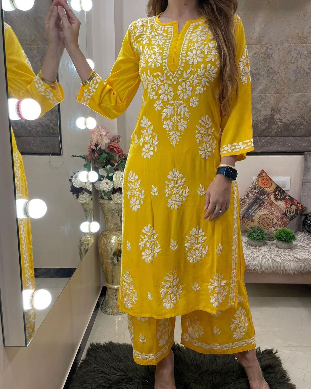 Yellow Rayon Cotton Chikankari Kurta Set