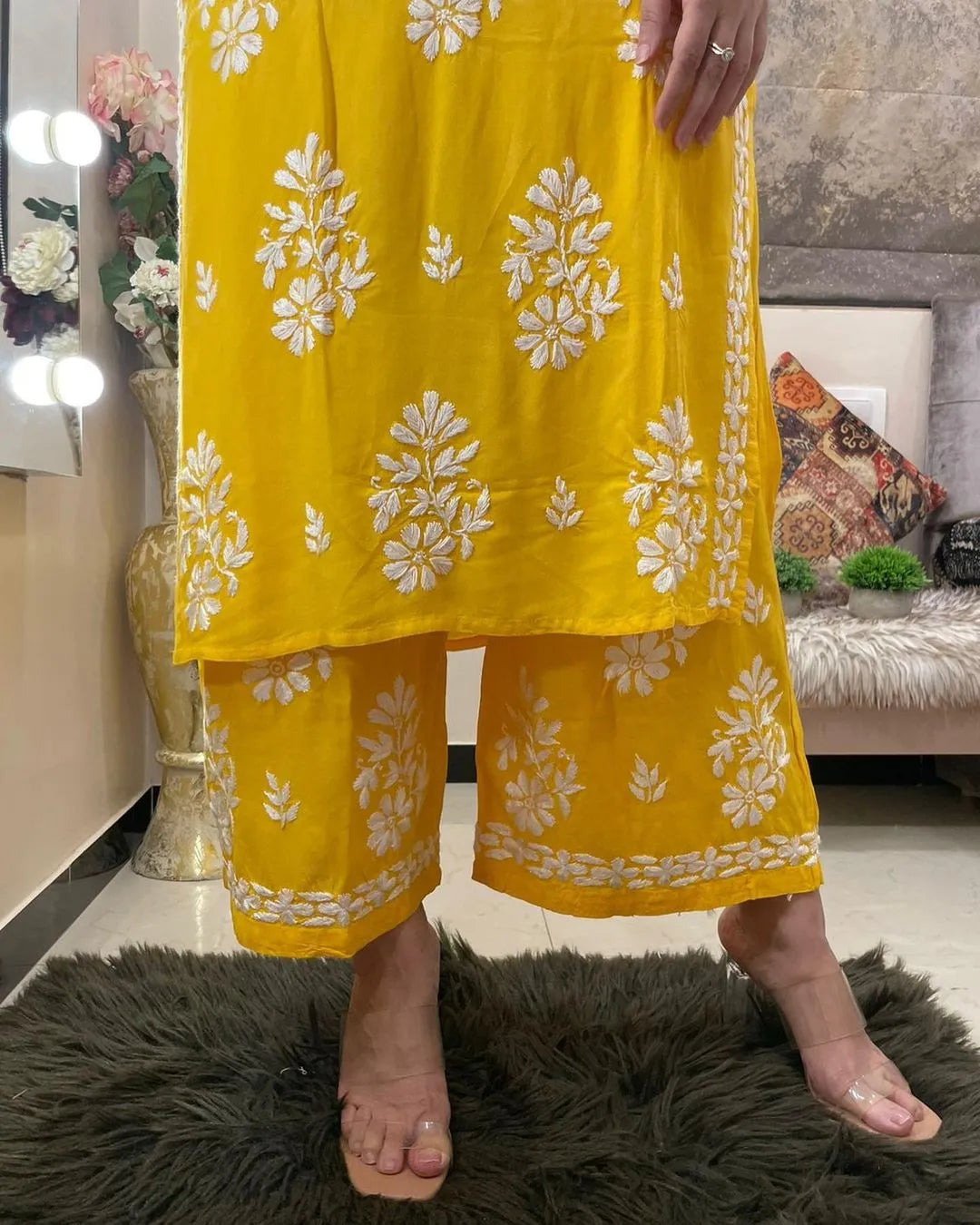 Yellow Rayon Cotton Chikankari Kurta Set