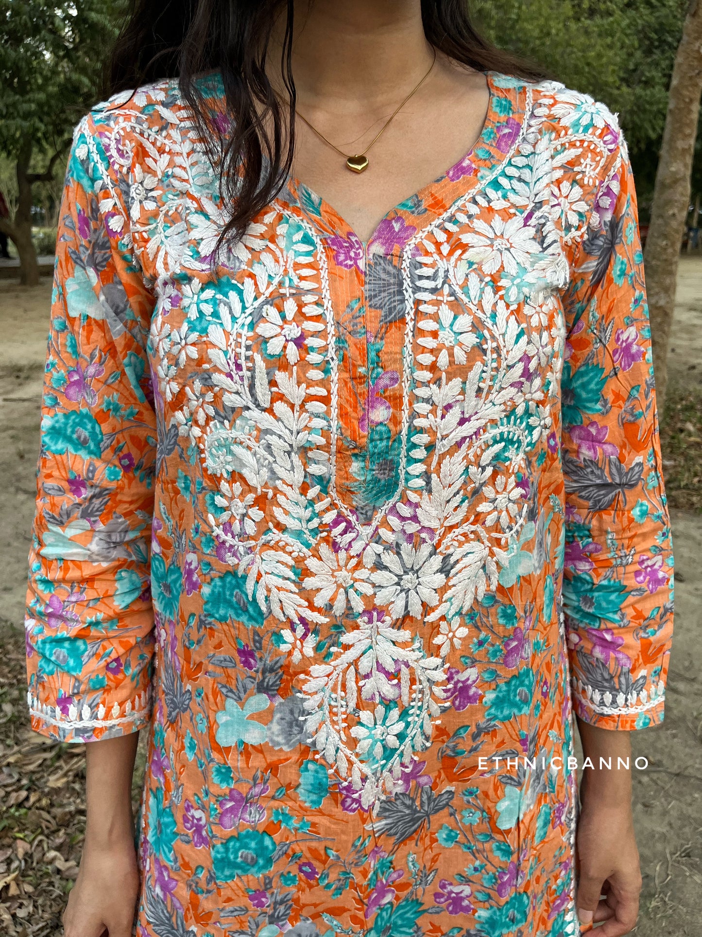 Orange Chikankari Cotton Floral Long Kurta