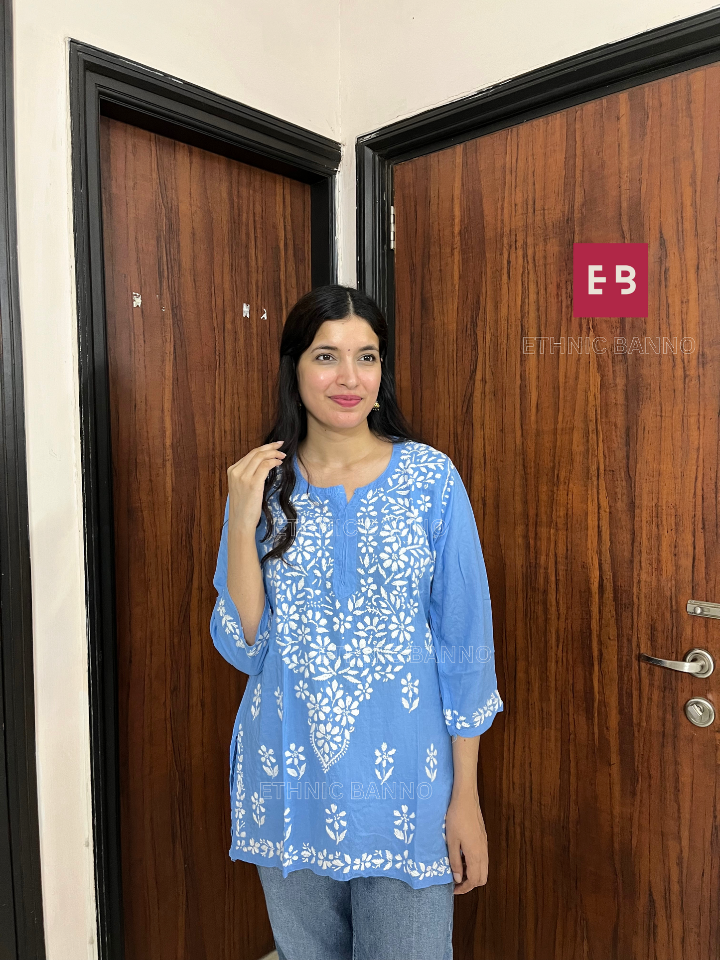 Blue Chikankari Modal Short Kurti