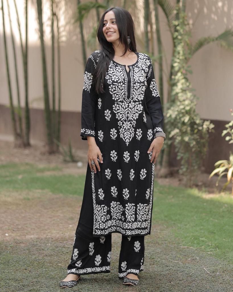 Black Rayon Cotton Chikankari Kurta Set