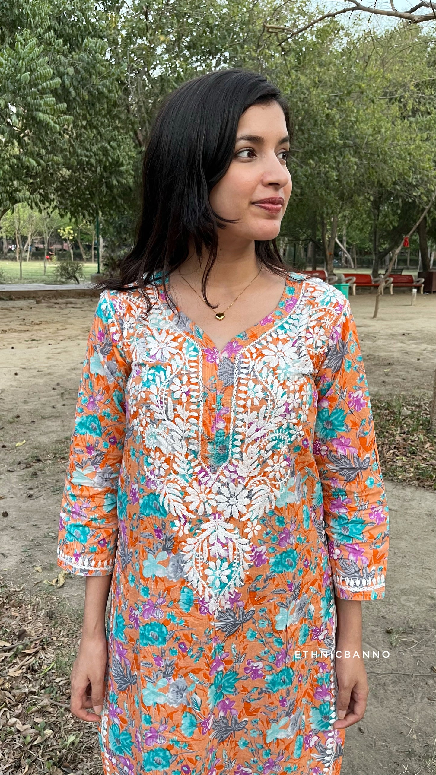 Orange Chikankari Cotton Floral Long Kurta