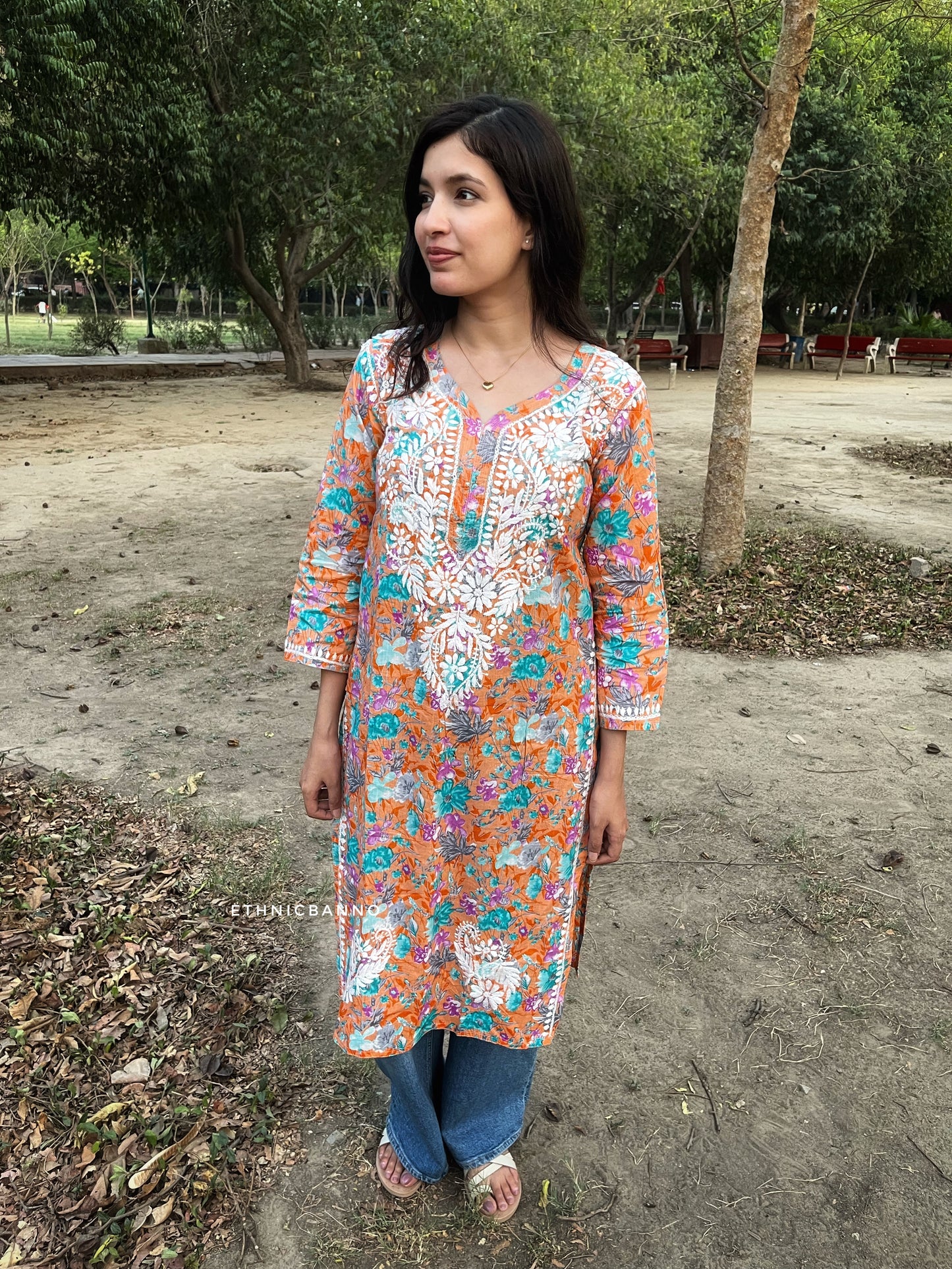 Orange Chikankari Cotton Floral Long Kurta