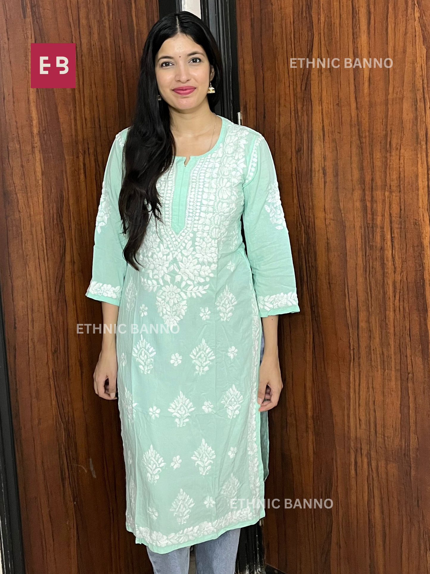 Mint Green Chikankari Modal Long Kurta