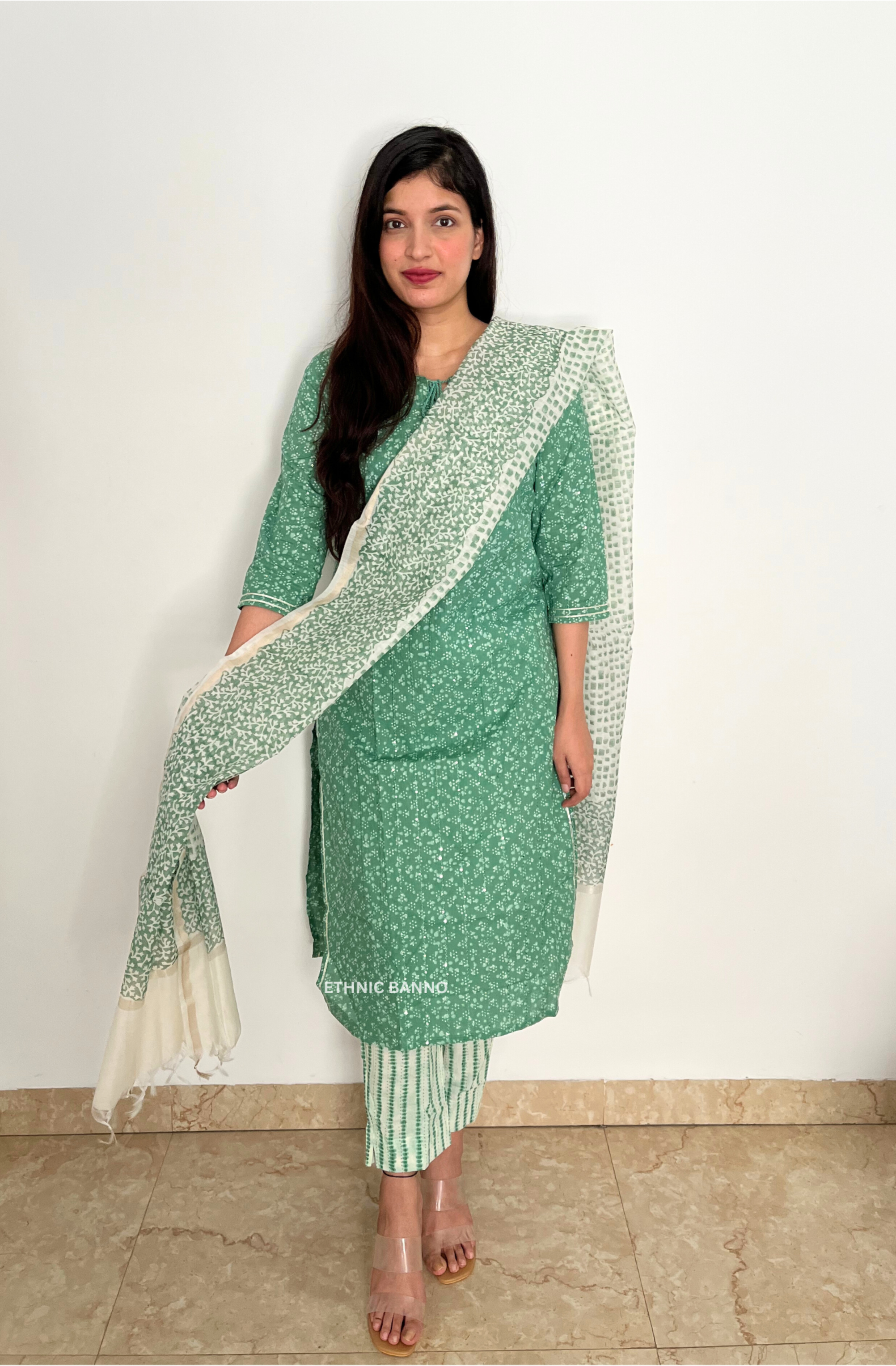 Green embroidered straight suit set