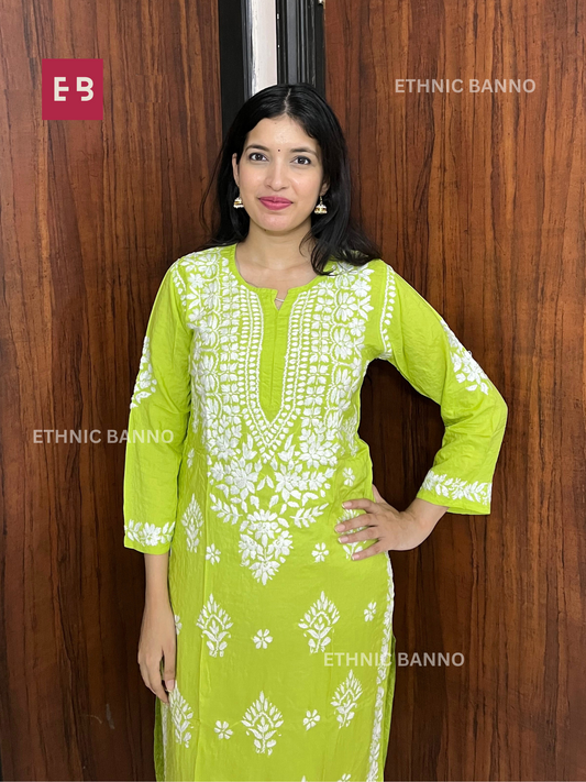 Neon Green Chikankari Modal Long Kurta