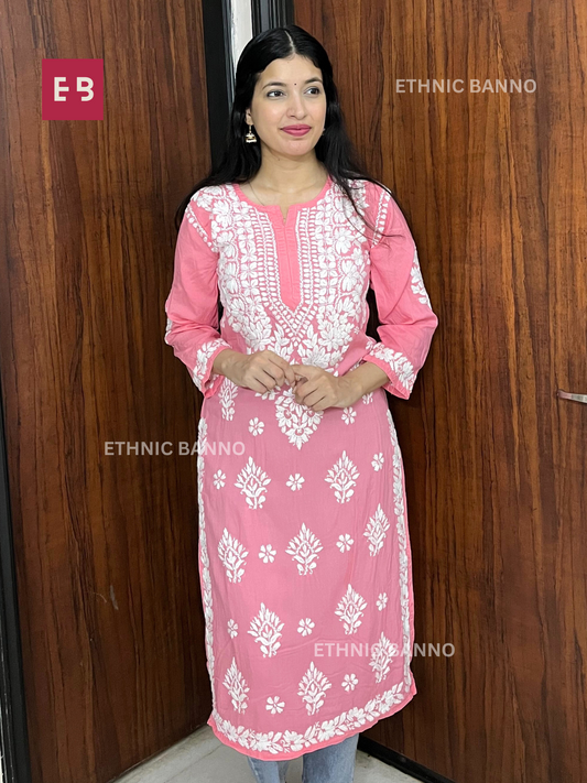 Peach Chikankari Modal Long Kurta