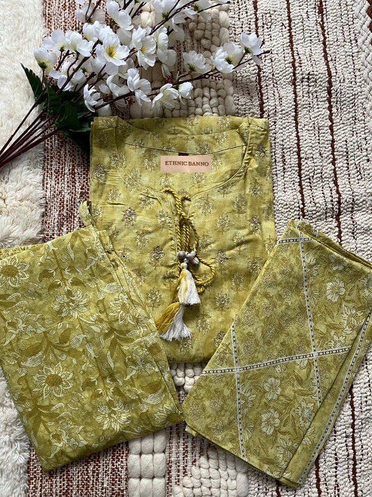 Lime Yellow Cotton Suit Set