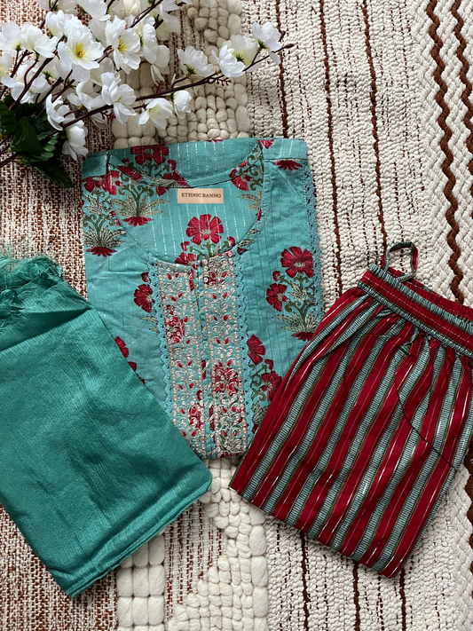 Teal Floral Cotton Suit Set