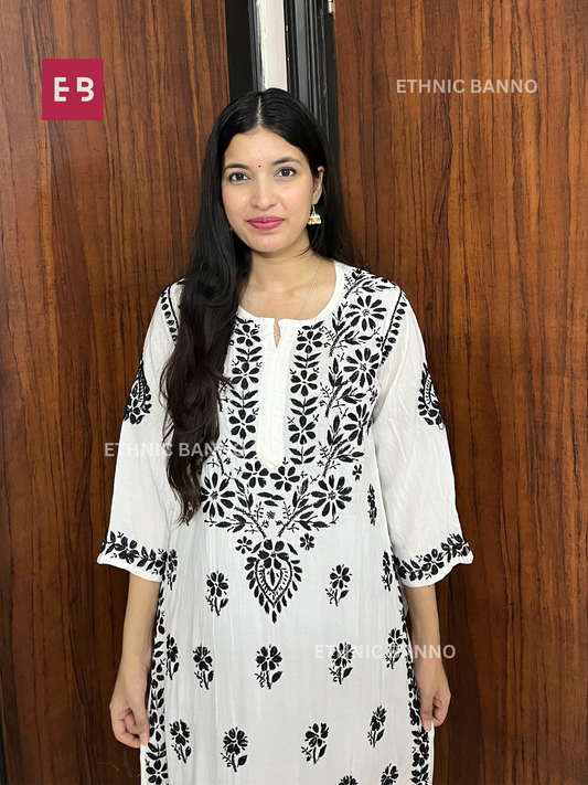 White Floral Chikankari Modal Long Kurta