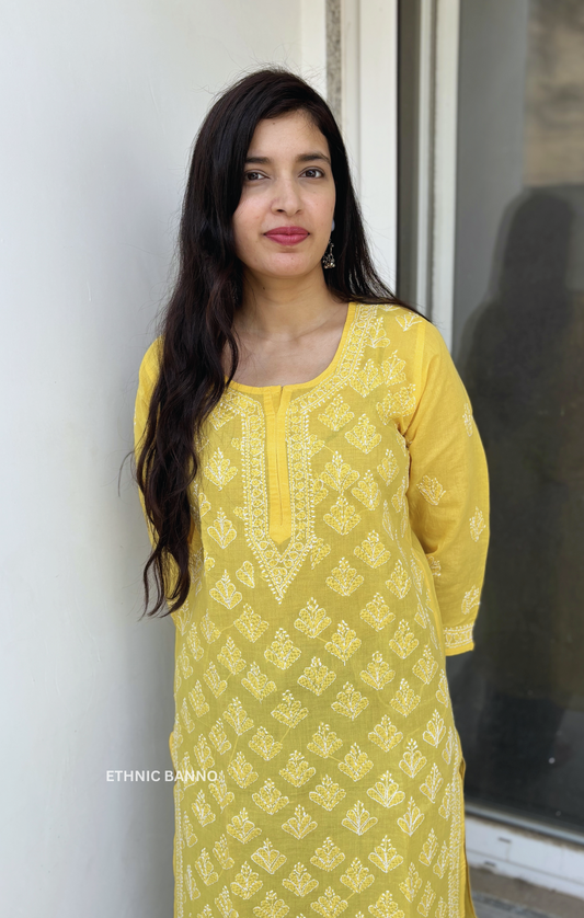 Yellow Chikankari Heavy Embroidery Cotton Long Kurta